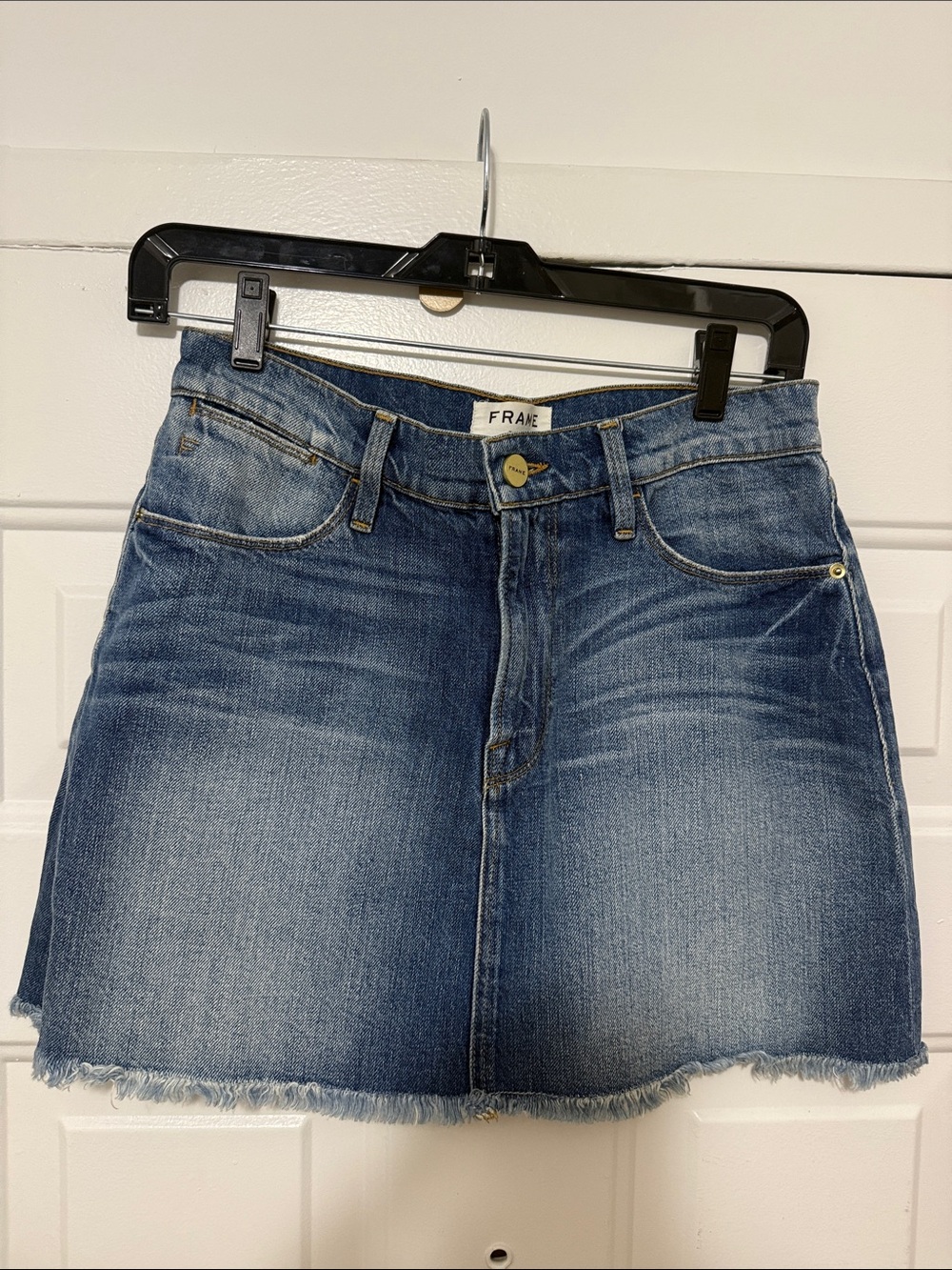Frame Denim Skirt with Frayed Hem